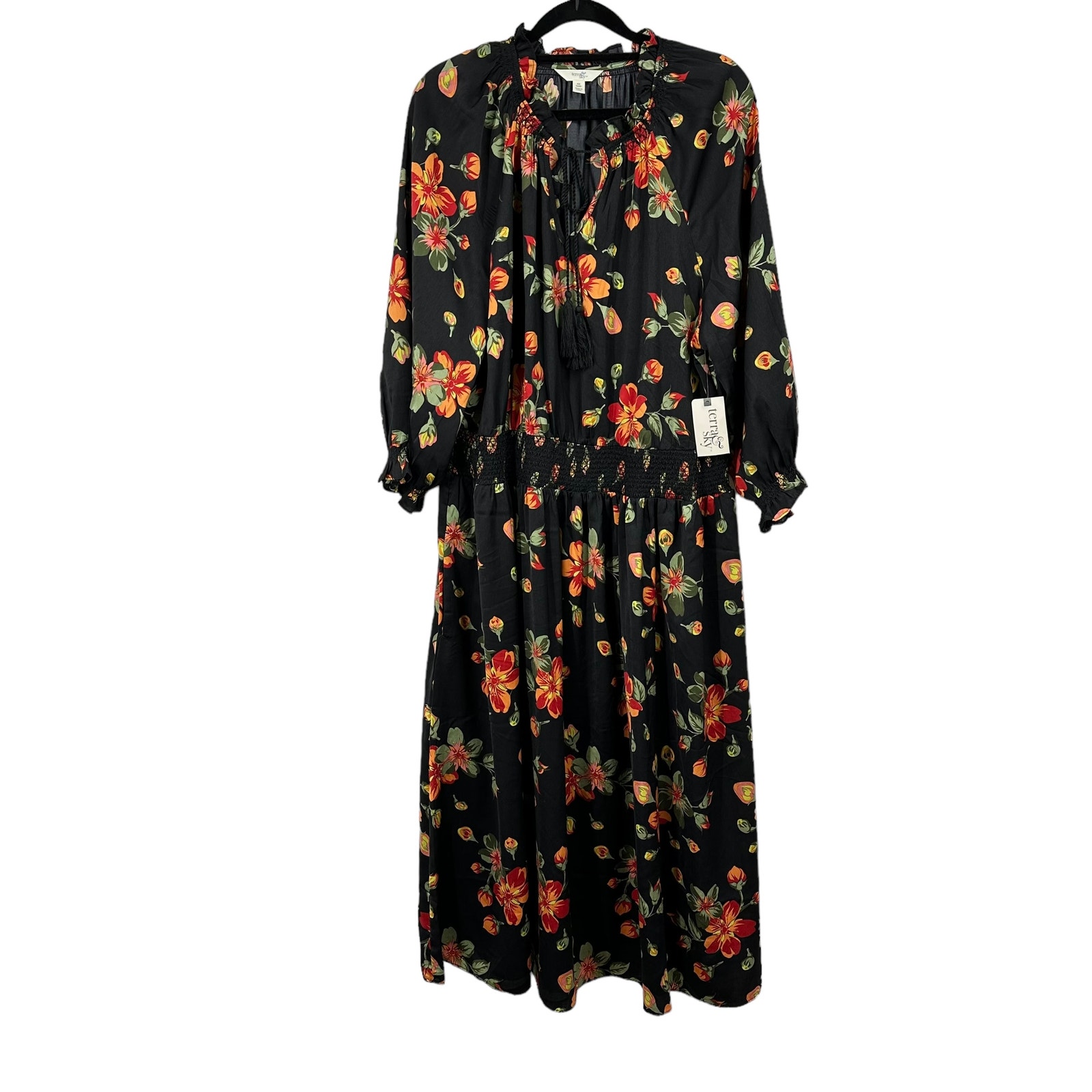 Terra & Sky 14w Boho Floral Midi Dress Nwt Black Tassel Romantic Smocked — image 2 of 7